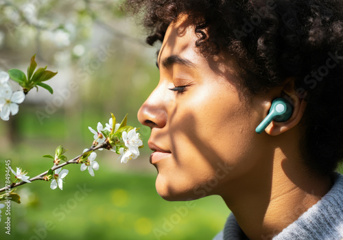 Young dark skinned girl enjoying spring blossom in garden with headphones