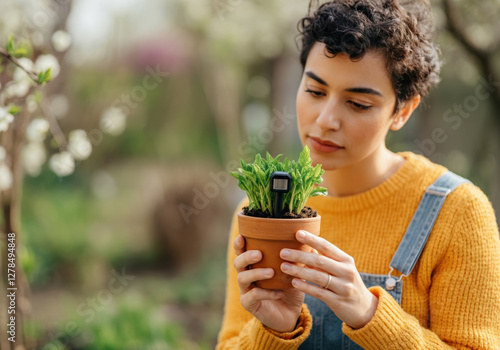 A young woman in a yellow sweater conducts an experiment on growing plants using high-tech sensors. Future technologies