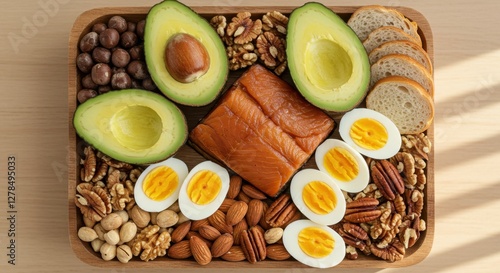Nutritious Keto Diet Platter with Salmon, Avocado, and Eggs for Healthy Lifestyle