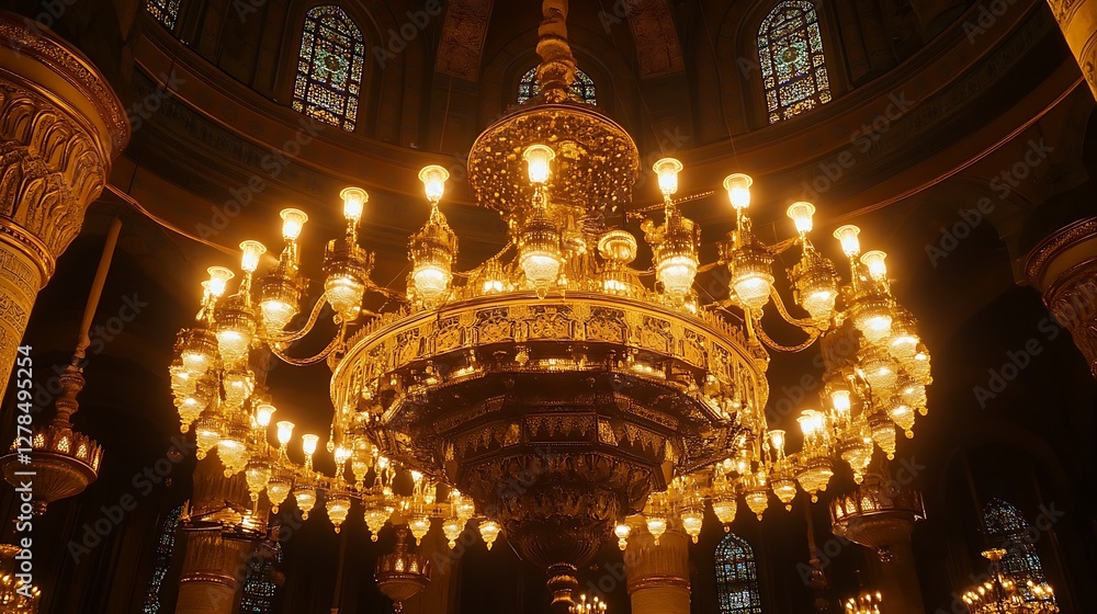 Obraz premium Intricate Chandelier with Warm Lighting in Historic Interior Space