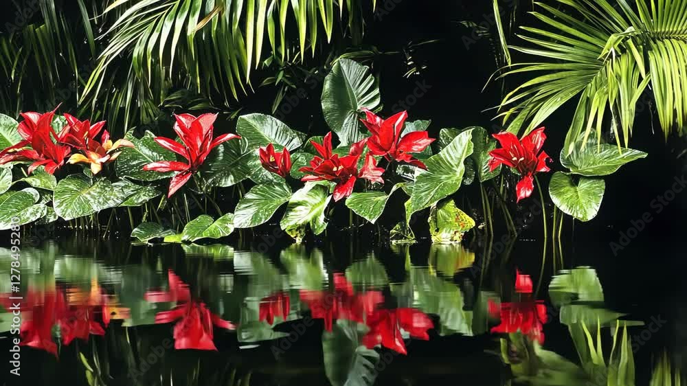 Vibrant red flowers reflected in calm water surrounded by lush greenery in a tropical setting Vibrant red flowers reflected in calm water surrounded by lush greenery in a tropical setting