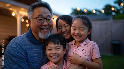 Happy Asian family portrait, backyard, evening lights, family gathering
