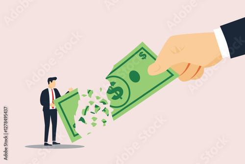 Lose money investment in financial crisis, profit and loss in business or deflation and inflation concept, businessman holding big dollar banknote money while loss, crumble and reduce in value