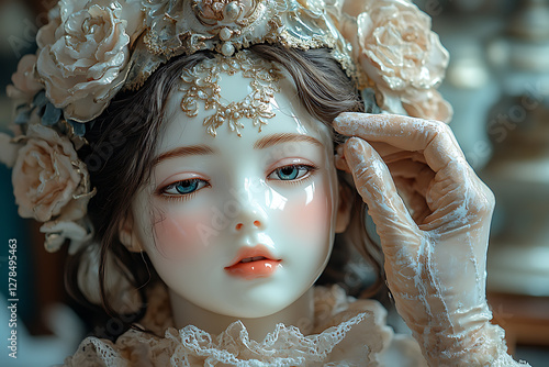 An artist creates a unique handmade doll with a porcelain face, carefully painting its delicate features in a cozy miniature workshop