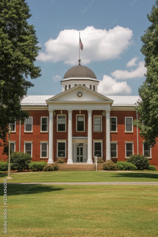 Naklejka premium Courthouse facade with imposing columns and a domed roof, symbolizing authority