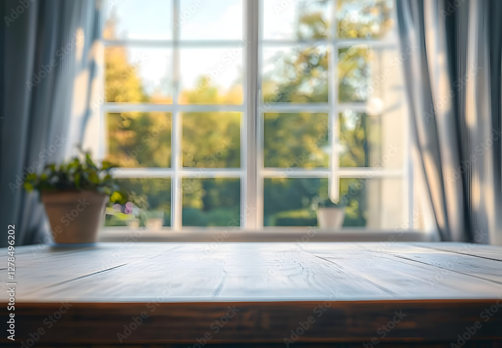 Table top on big window background Table top on big window background