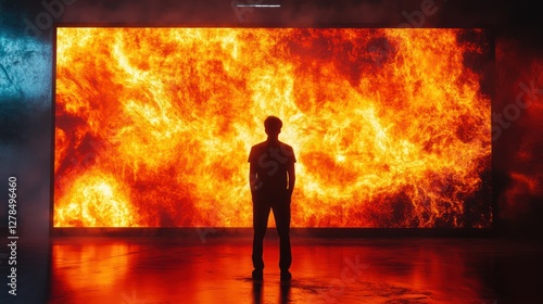 Man watches fire screen display photo