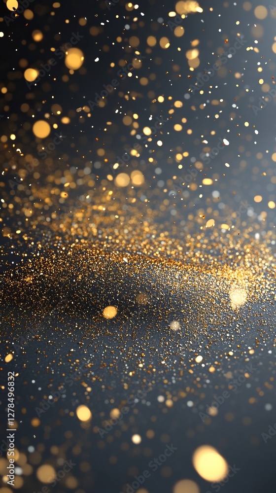 A mesmerizing display of golden particles floating on a dark background. The glowing specks create a dreamy, abstract scene that exudes elegance, depth, and the beauty of light in motion.