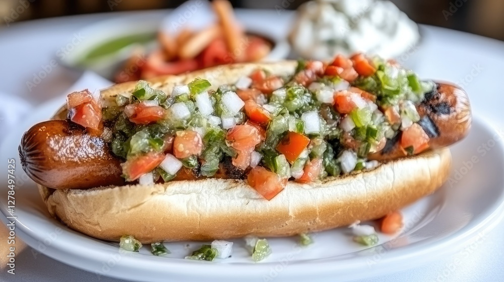 Grilled Sausage Hot Dog Topped With Fresh Salsa Grilled Sausage Hot Dog Topped With Fresh Salsa