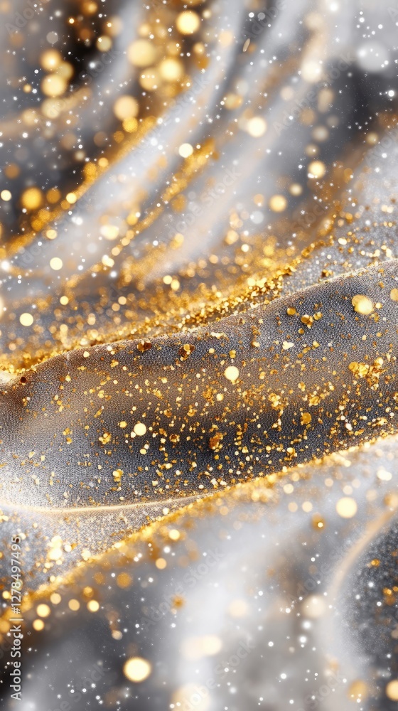 Golden streaks ripple through flowing, silky fabric, blending light and texture. The shimmering highlights create a luxurious, fluid motion, merging elegance with a dynamic, abstract visual harmony.