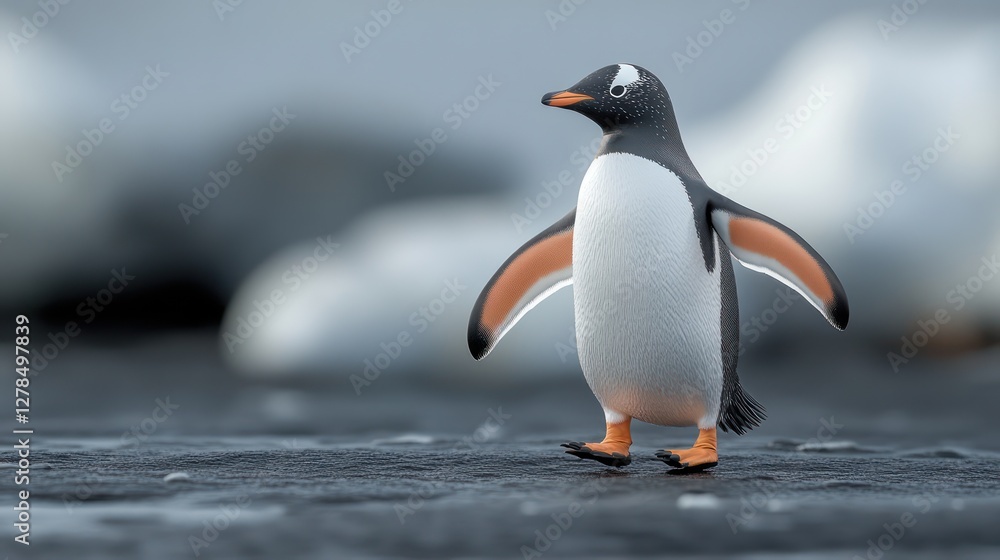 Naklejka premium Antarctic penguin walking, icebergs, wildlife