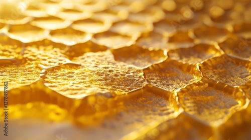 A close-up of honeycomb texture radiates a warm golden glow. The intricate hexagonal pattern symbolizes nature's perfection, with highlights reflecting the richness and beauty of organic design. photo