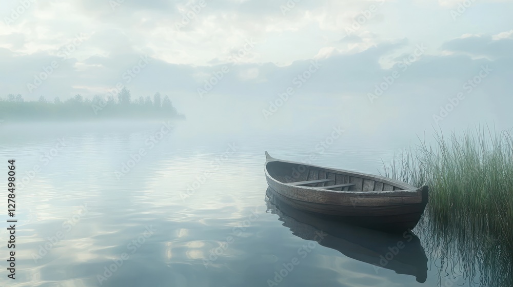 Misty lake, lone boat, calm dawn Misty lake, lone boat, calm dawn