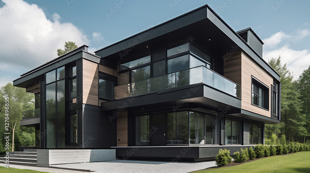A large, modern house with a lot of glass windows and a black exterior A large, modern house with a lot of glass windows and a black exterior