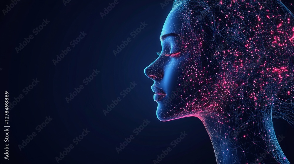 A futuristic digital human profile formed by glowing particles and intricate light patterns. The dark neon blue background contrasts pink highlights, empty space for text