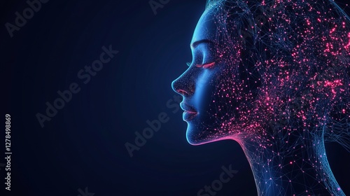 Obraz na płótnie A futuristic digital human profile formed by glowing particles and intricate light patterns. The dark neon blue background contrasts pink highlights, empty space for text w salonie