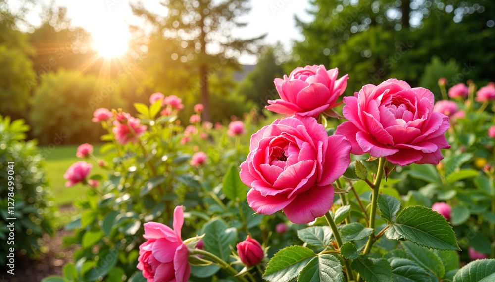 Vibrant pink roses blooming in lush garden at sunrise, floral beauty Vibrant pink roses blooming in lush garden at sunrise, floral beauty