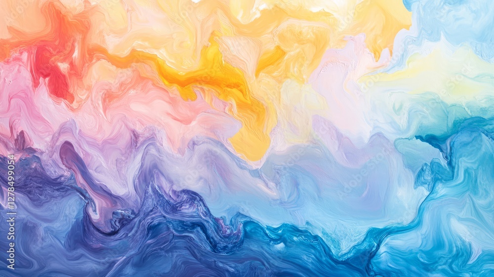 A mesmerizing blend of pastel tones-yellow, orange, blue, and white-creates a fluid, abstract pattern. Soft gradients and flowing textures evoke feelings of calm, creativity, and dreamlike beauty.