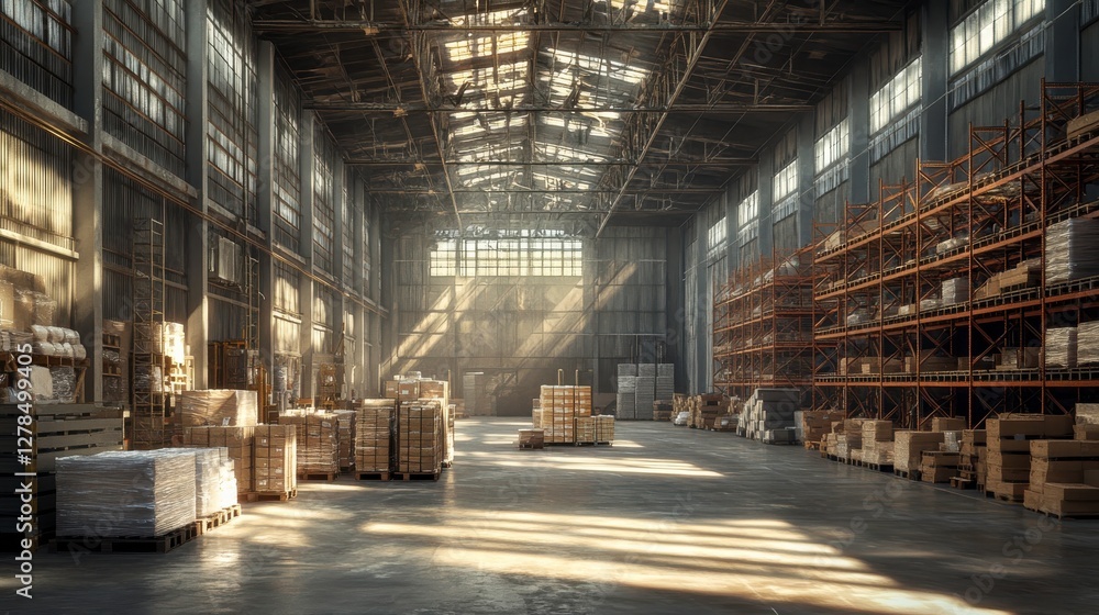 A spacious warehouse illuminated by sunlight, featuring wooden pallets and tall shelves, conveying a sense of industrial design and organization. A spacious warehouse illuminated by sunlight, featuring wooden pallets and tall shelves, conveying a sense of industrial design and organization.