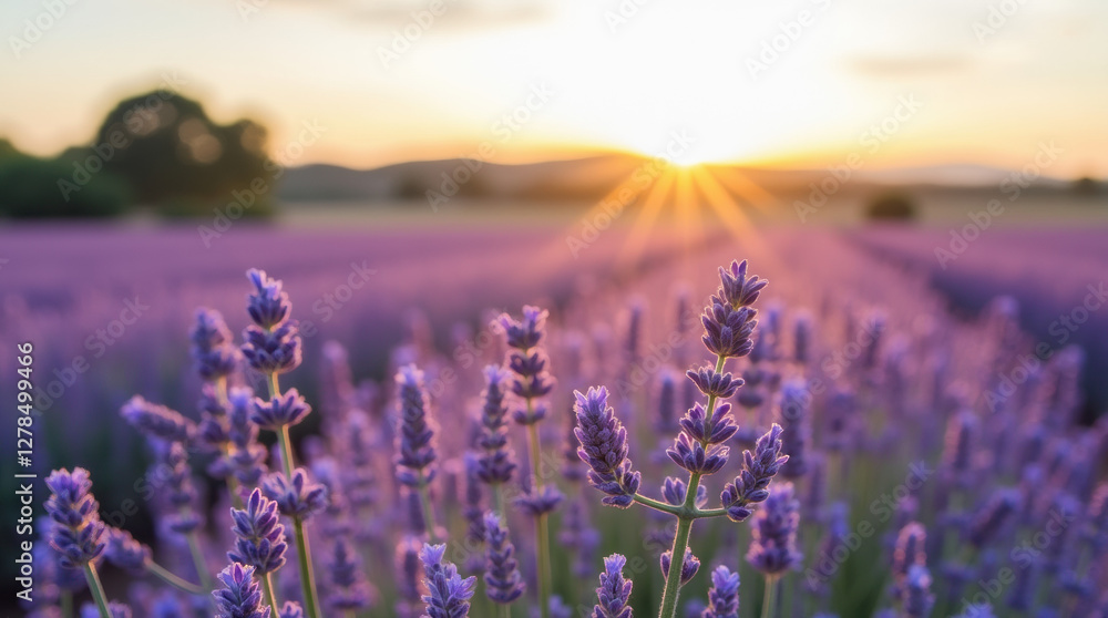 Naklejka premium Lavender field in the rays of the sun at dawn.