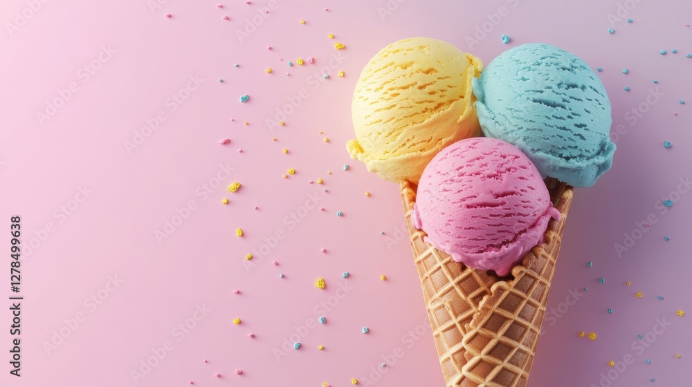 A close-up of a pastel ice cream cone with pink, yellow, and blue scoops on a pink background. Topped with crumbs and sprinkles, the image evokes fun, empty space for text and advertising