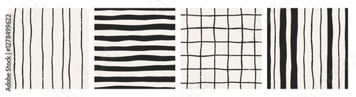 Seamless patterns with stripes and grid. Simple minimalistic modern design, repeating endless backgrounds set. Black and white line drawing, abstract textures for textile. Flat vector illustration