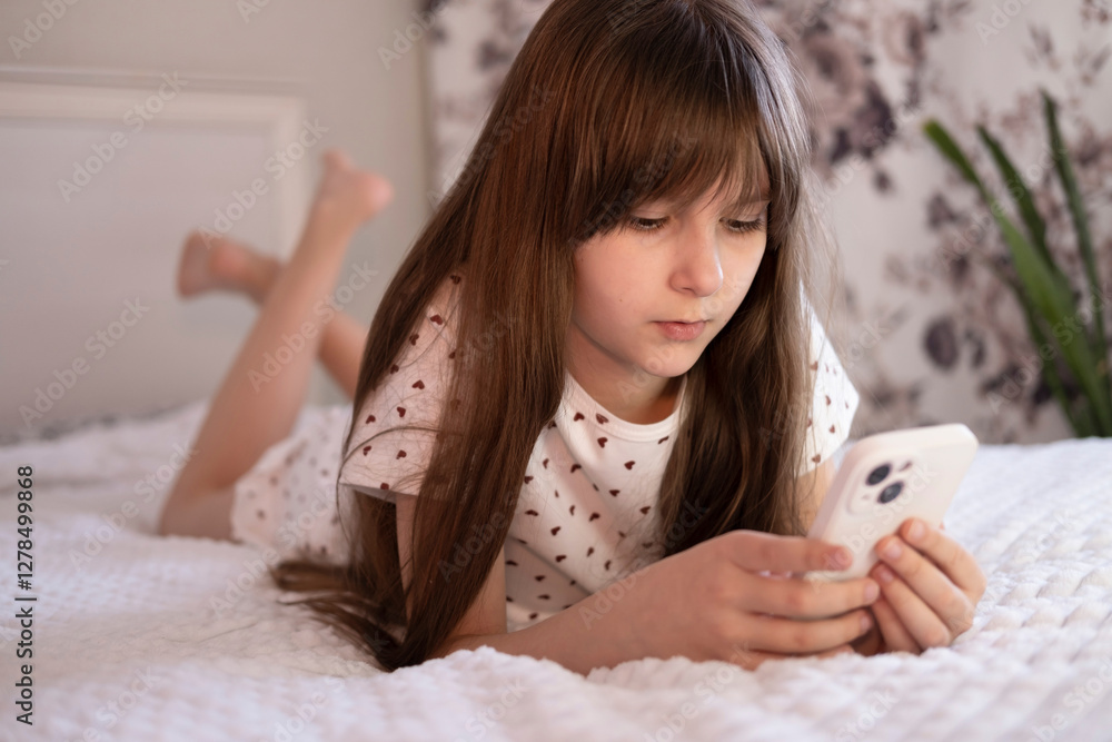 Girl is looking at her smartphone, lying in bed at her leisure. Teenage girl is lying on bed and playing video games on her phone. Concept of the problem of children's gadgets. Girl is looking at her smartphone, lying in bed at her leisure. Teenage girl is lying on bed and playing video games on her phone. Concept of the problem of children's gadgets.
