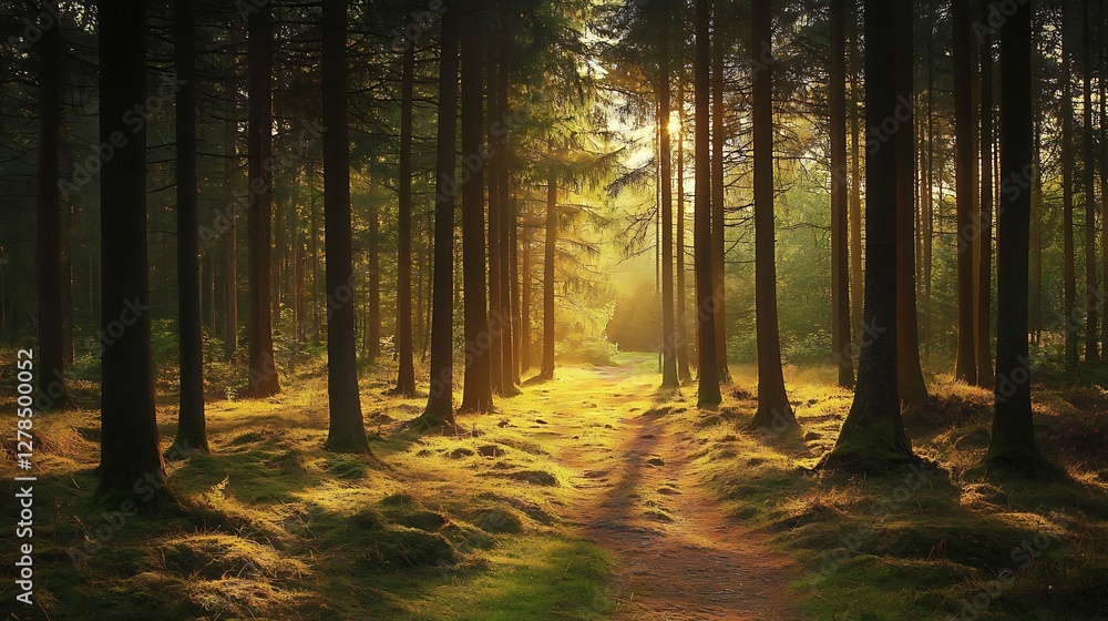 Golden Hour in the Enchanting Forest: A Serene Path Through Sunlight Dappled Trees