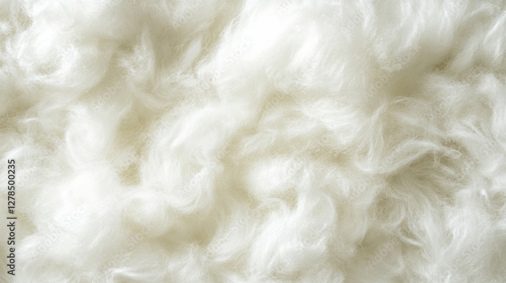 A close-up of soft, fluffy white fibers resembling cotton or wool creates a cozy, gentle texture. The delicate natural surface evokes warmth, comfort, and purity, perfect for serene aesthetics.