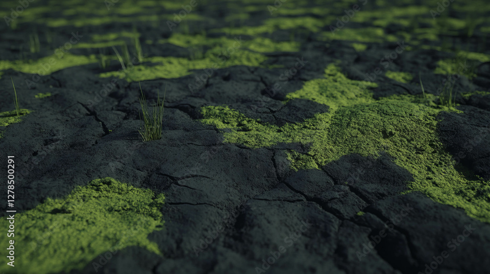 Olive moss pattern on cracked earth surface Olive moss pattern on cracked earth surface