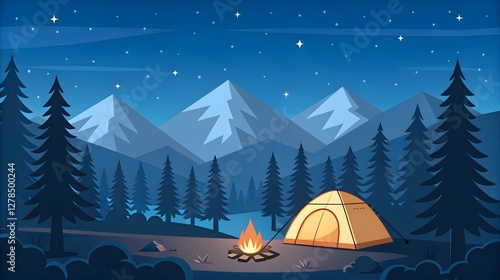 Mountain Camping Night with Tent and Campfire Under Starry Sky