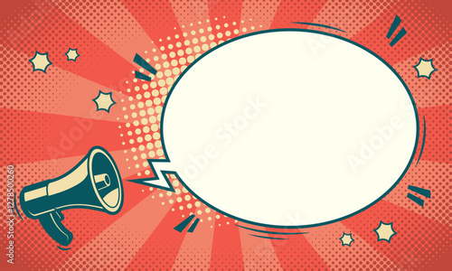 empty or blank white comic speech bubble or shout ballon with megaphone in vintage or retro pop art style in front of halftone pattern and ray background Vector illustration.