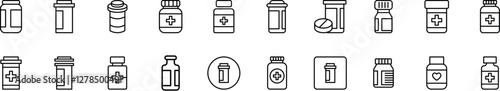 Bottle of Pills Outline Simple Linear Image Collection. Editable Stroke. Perfect for Web Sites, Books, Cards, Apps