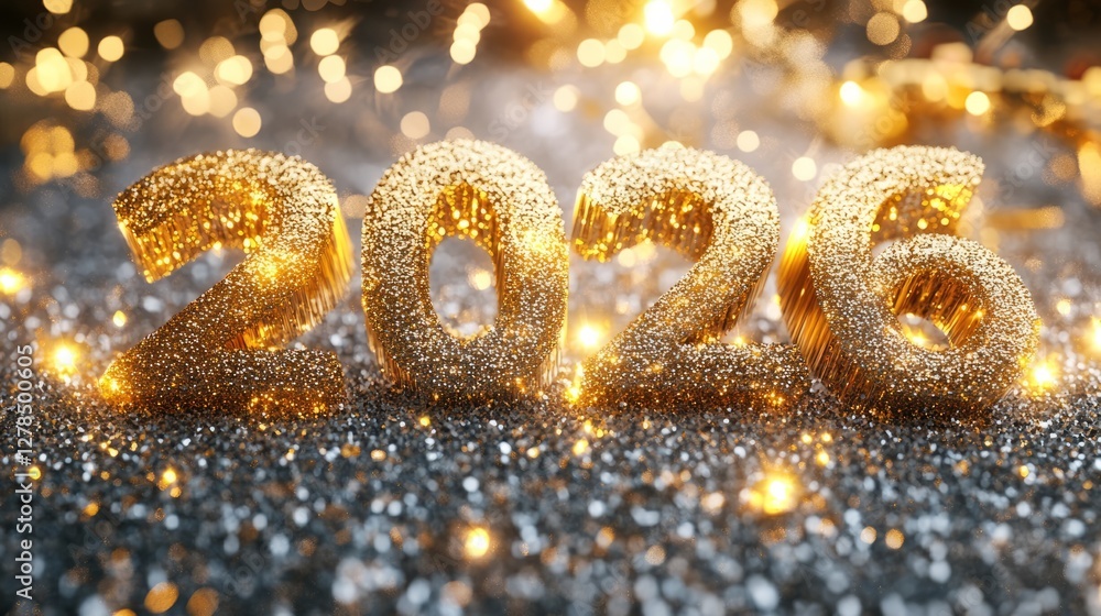 Numbers glowing and flickering 2026, golden silver background, sparkles falling from above