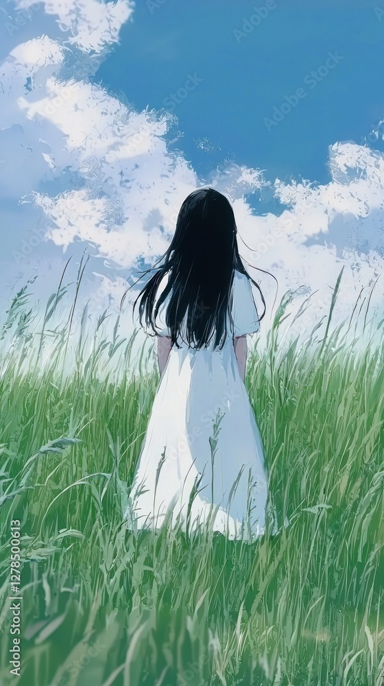 Girl in white dress gazes at a cloudy sky, field scene, contemplation