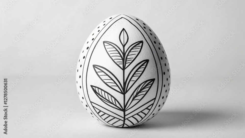 Decorative White Egg with Intricate Black Leaf Design on a Light Background Decorative White Egg with Intricate Black Leaf Design on a Light Background
