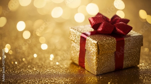 Obraz na płótnie A golden gift box tied with a vibrant red ribbon sparkles against a shimmering gold background. The festive mood evokes celebration, gratitude, and the joy of giving during special moments. w salonie