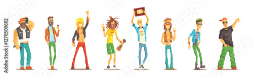 Man of Different Subculture in Casual Clothing Stand Vector Set