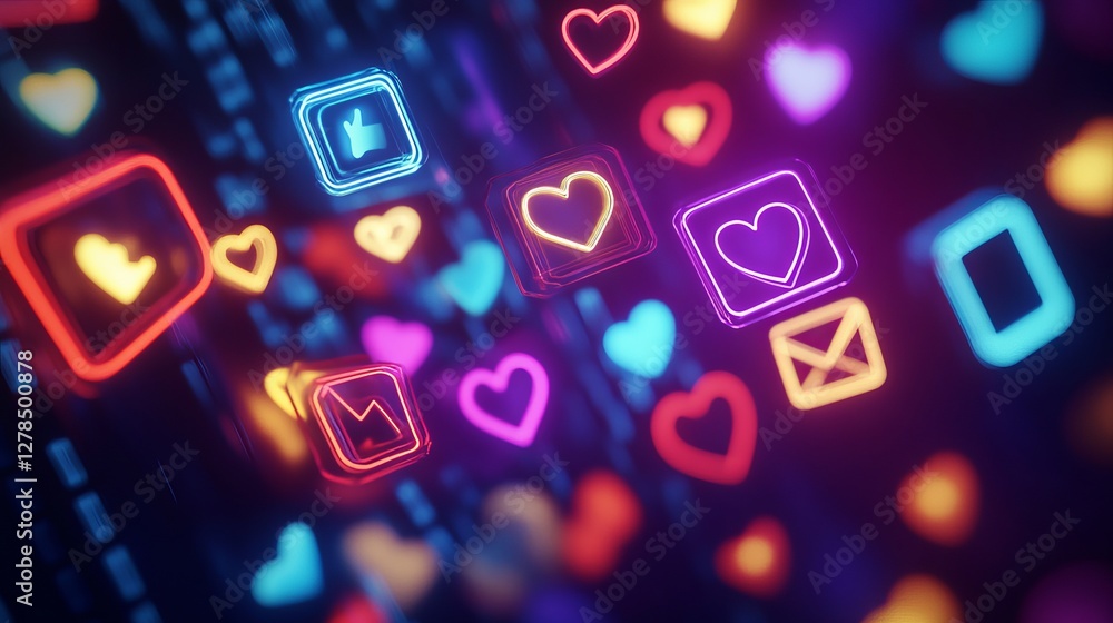 A vibrant digital display of neon icons, including hearts, likes, and messages, floats on a dark background. This glowing social media-inspired scene symbolizes connection, communication,