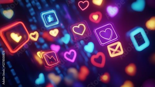 Obraz na płótnie A vibrant digital display of neon icons, including hearts, likes, and messages, floats on a dark background. This glowing social media-inspired scene symbolizes connection, communication, w salonie