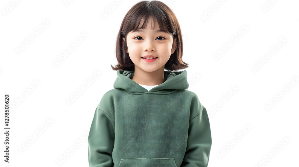 Portrait of a happy beautiful korean kid girl, with short haired bang style, wearing a green hoodie sweater and jeans, front view, mockup concept Portrait of a happy beautiful korean kid girl, with short haired bang style, wearing a green hoodie sweater and jeans, front view, mockup concept