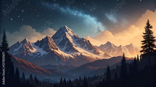 Majestic Mountain Range Under Starry Sky at Sunset