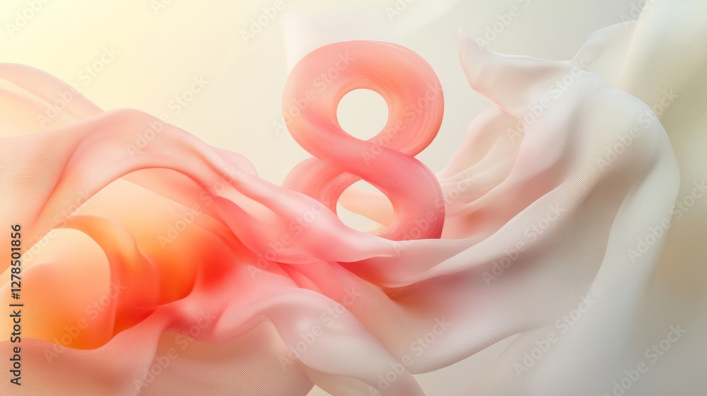 Soft ethereal fabric surrounds a glowing figure-eight, blending warm tones of peach, coral, and pink. The dreamy atmosphere reflects elegance, lightness, and timeless beauty ,empty space for text