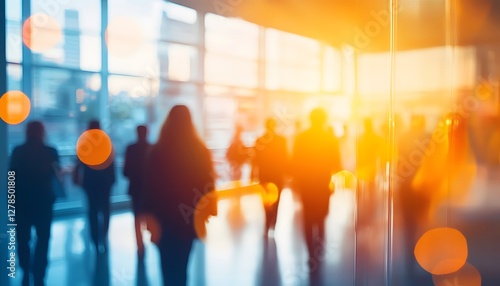 Blurred figures walking in a bright sunlit modern building