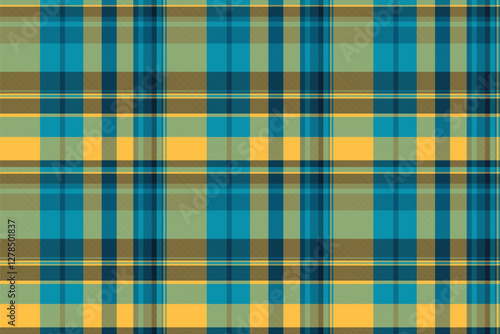 New textile texture tartan, warmth check pattern background. Aesthetic plaid fabric vector seamless in cyan and amber colors.