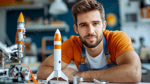 Young model engineer building a rocket replica at a workshop creative project in a modern environment inspiring innovation and passion