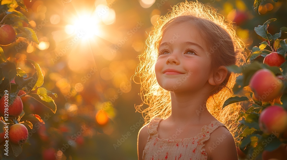 Fototapeta premium Girl looking up at sunlit apple orchard