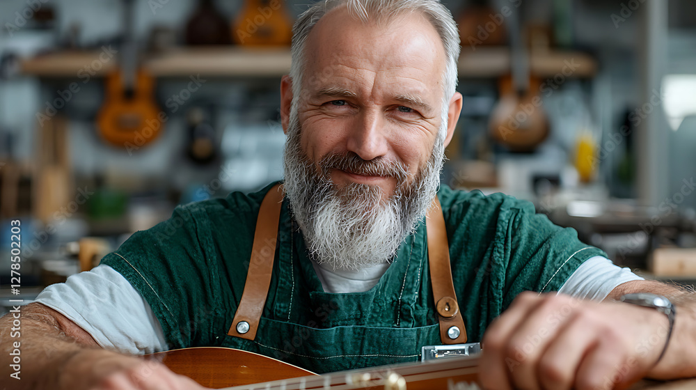 Luthier inspecting guitar neck for straightness in workshop craftsmanship showcase indoor setting detailed focus on skill Luthier inspecting guitar neck for straightness in workshop craftsmanship showcase indoor setting detailed focus on skill