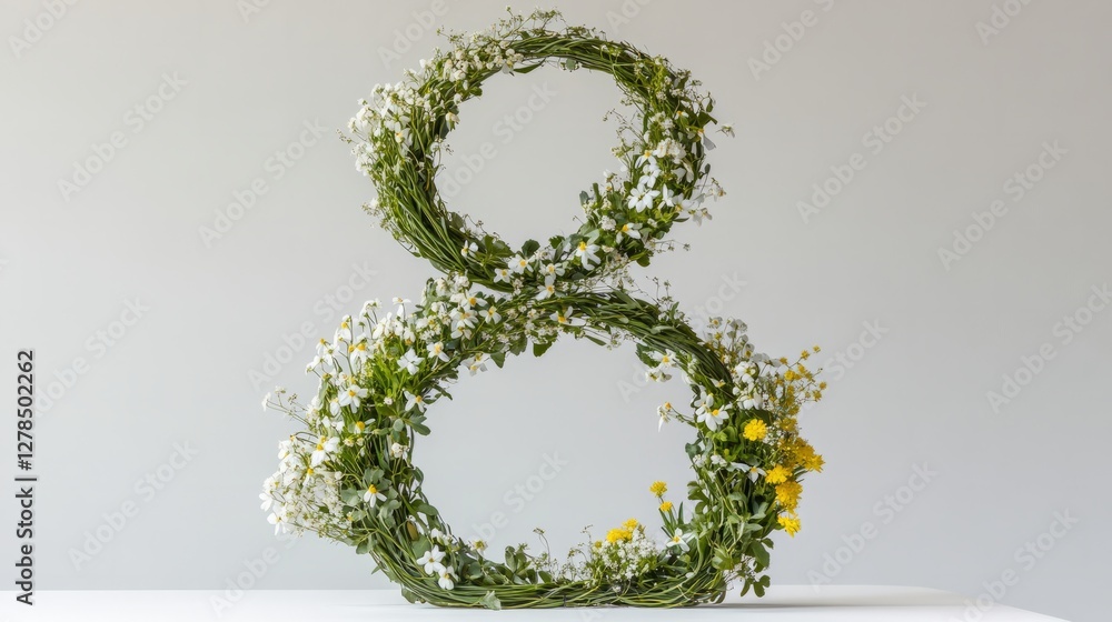 A floral arrangement shaped as the number eight is crafted from fresh green foliage and delicate white blossoms. A small cluster of yellow flowers adds a charming touch, ,empty space for text