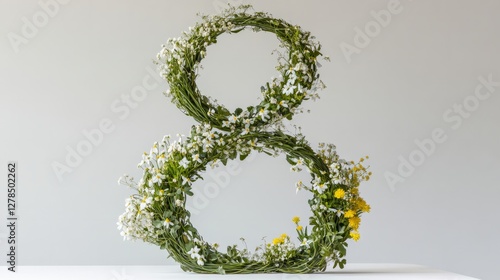 Obraz na płótnie A floral arrangement shaped as the number eight is crafted from fresh green foliage and delicate white blossoms. A small cluster of yellow flowers adds a charming touch, ,empty space for text w salonie